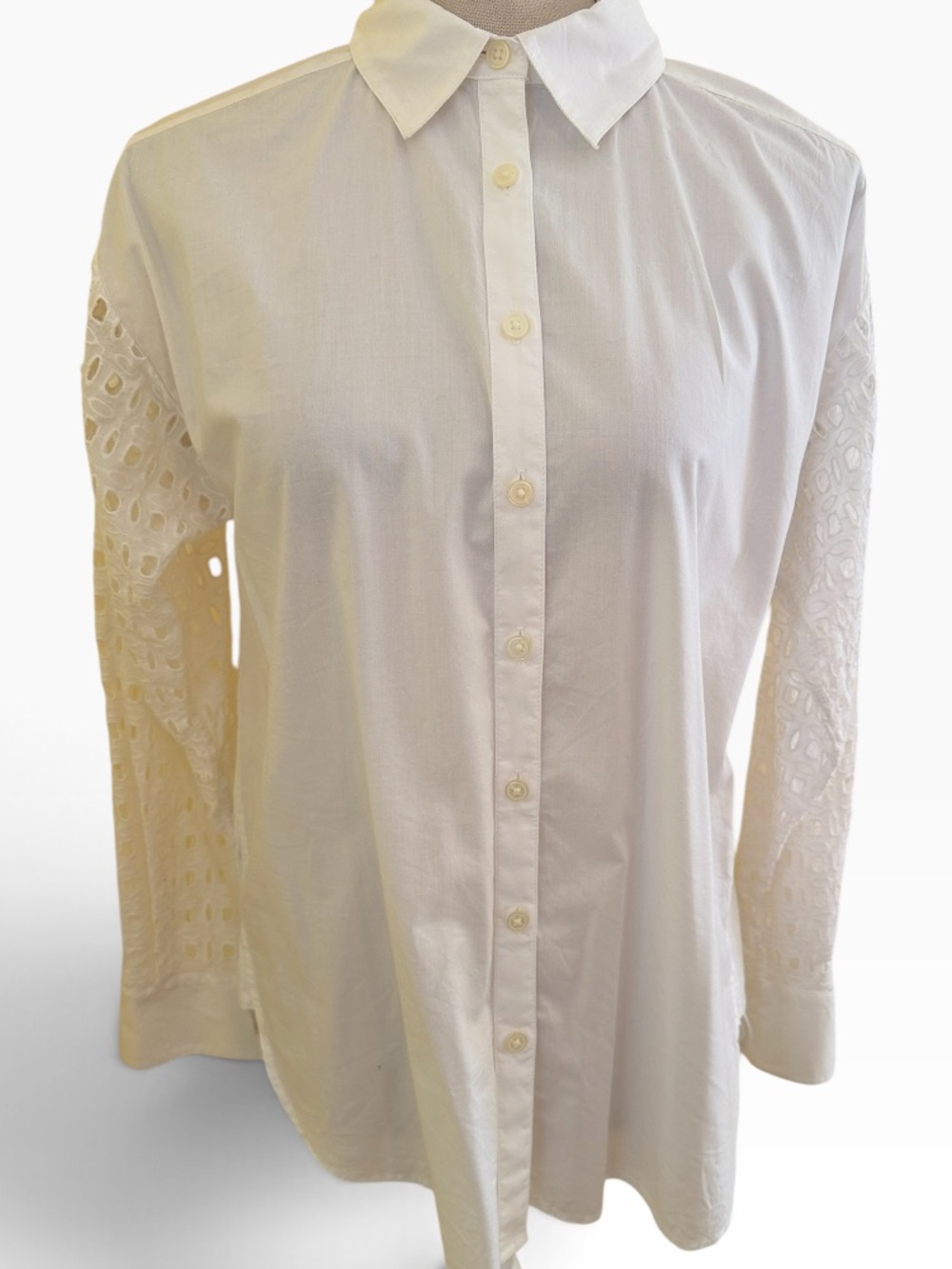 Loft  White Cotton Blend Button-Up Shirt with Eyelet Sleeves XS